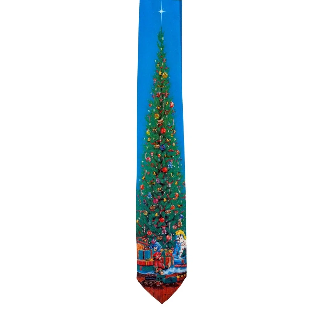 Vintage 1989 Ralph Marlin The Christmas Tree‎ Don West Blue Silk Tie Mens USA
